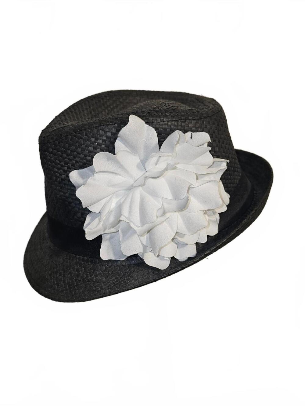 Black fedora with white flower